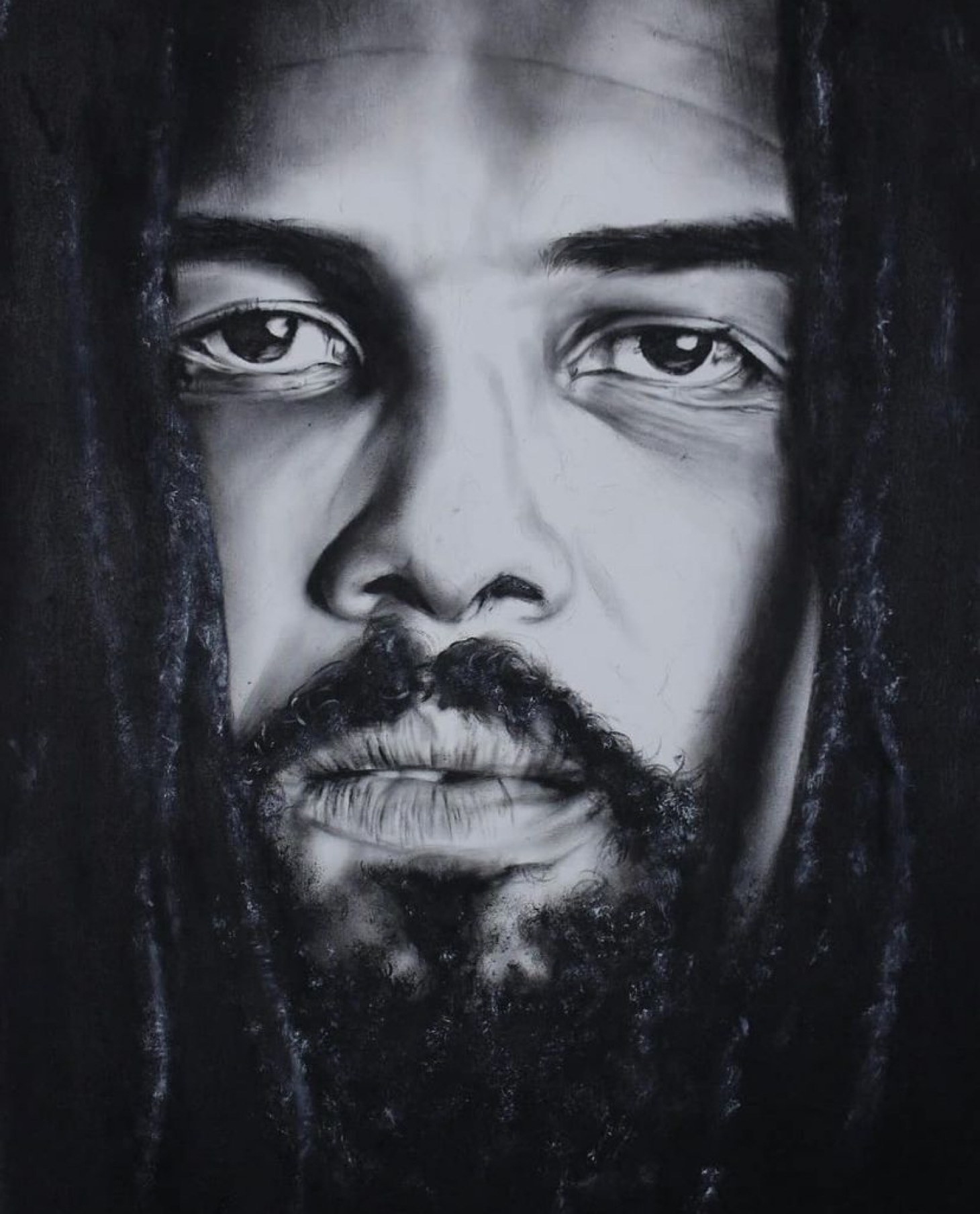 An oil painting of an African man with dreadlocks